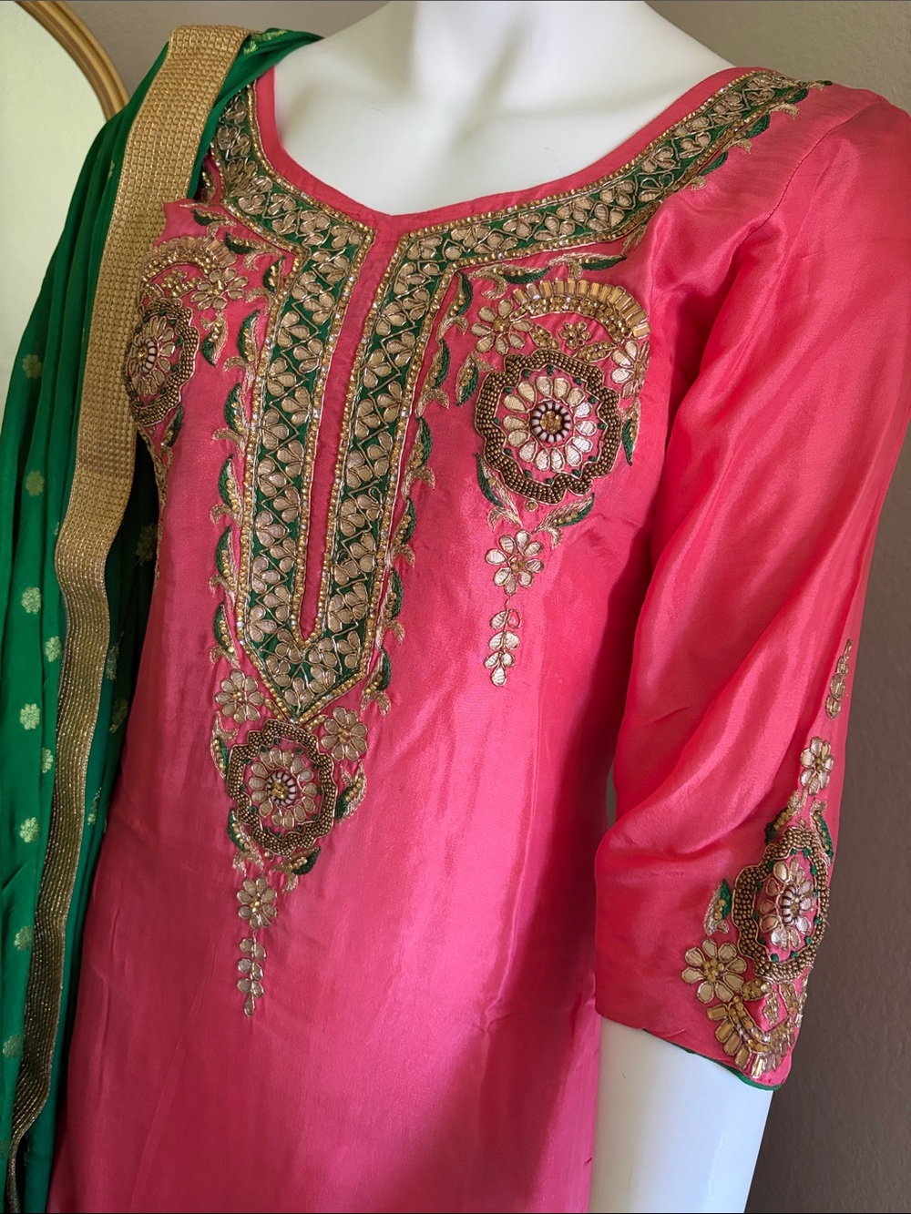 Beautiful brand new silk Indian suit Salwaar peach and green color combination